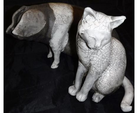 A Paul Jenkins Raku Studio Pottery figure of a saddleback pig, together with a Paul Jenkins Raku Studio Pottery figure of a s