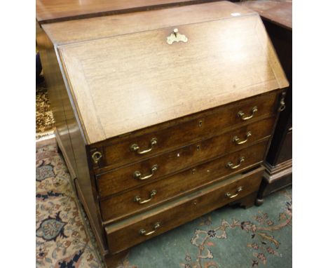 A George III oak bureau, the sloping fall enclosing a fitted interior over four long graduated drawers, to bracket feet