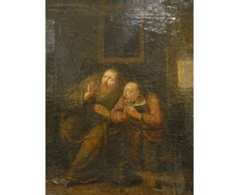 FOLLOWER OF GERRIT DOU "Two figures in an interior", study of a brown-robed monk seated on a carver chair, a gentleman in red