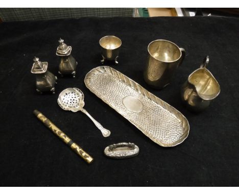 Assorted silver ware to include silver pen tray (A & J Zimmerman Ltd Birmingham 1900), together with a silver cream jug, silv