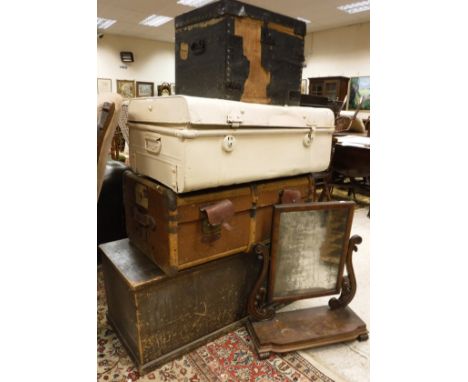 A black leather covered and iron bound pine chest, a metal cream painted trunk, a steamer type trunk, a pine boxed plinth bas