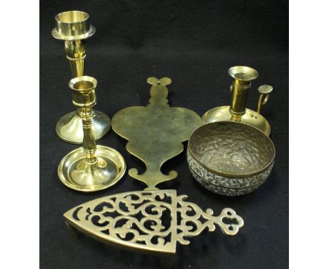 Assorted brass and metal wares to include brass coal helmet, brass and embossed umbrella stand, candlesticks, bell, iron keys