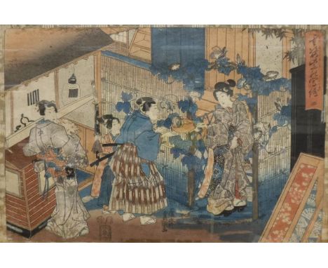 19TH CENTURY JAPANESE SCHOOL IN THE MANNER OF KIYONAGA "Figure in a doorway handing over gift of lotus pod to three further f