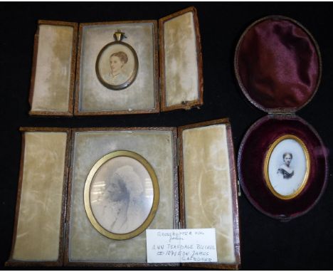 Three leather cased vintage tinted photographs, all portrait studies of ladies