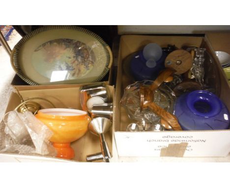 Four boxes of assorted decorative china and glassware to include vases, water jug and glass set, various trays, lemon juicer,