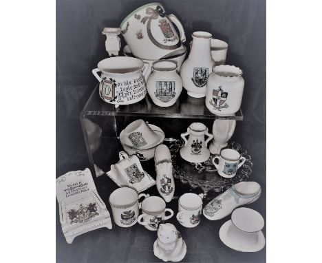 A box of assorted crested ware to include examples by Shelley, Goss, Spode and Arcadian