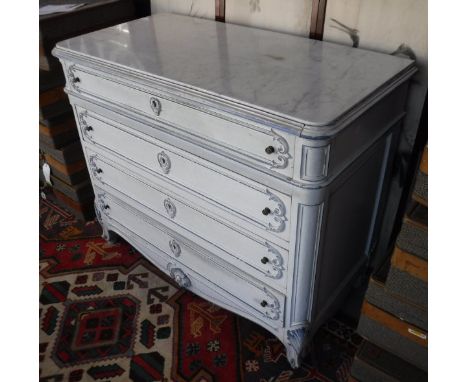 A white marble topped French commode of four long drawers with shaped apron, raised on cabriole supports, painted white with 