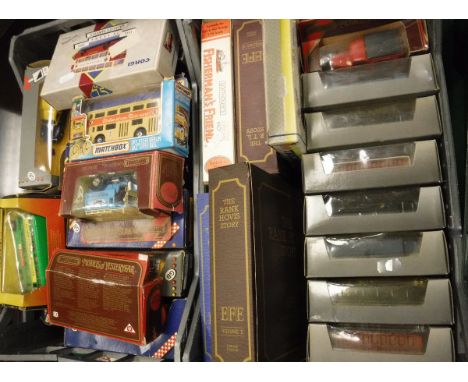 Two boxes of assorted model cars and buses to include exclusive first editions 00 scale, double decker bus and one box of ass