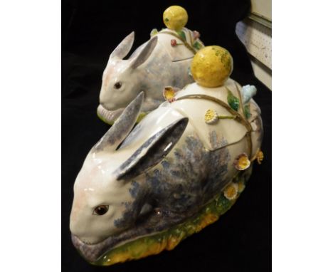 Two tureens in the form of hares, assorted steel cutlery with over-scrolled handles and two table lamps, the bodies as childr