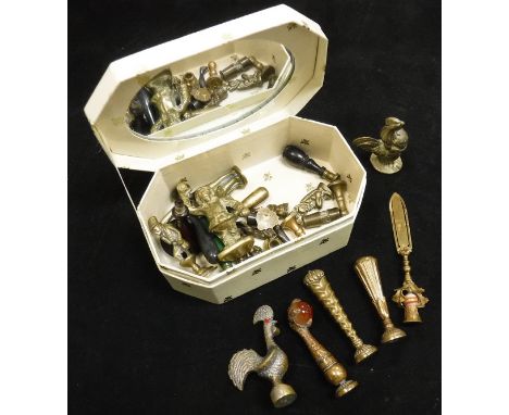 A jewellery box and contents of various brass and other seals, pipe tamper etc