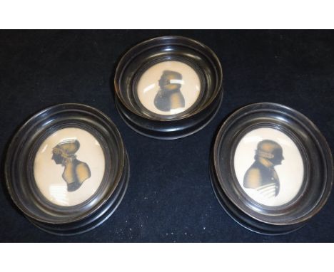 A collection of three 19th Century gold tinted silhouette portrait studies of two gentlemen and a lady in a bonnett by EDGAR 
