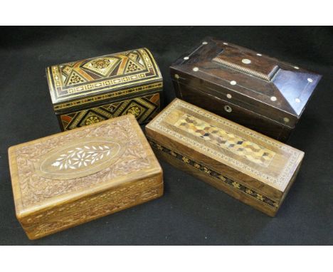 Assorted treen ware to include rosewood and mother of pearl inlaid sarcophagus-shaped tea caddy, rosewood box, parquetry inla
