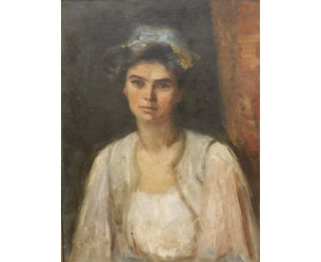 ELFRIDA THARLE HUGHES "Helen Constance Hammersley", a portrait study of a lady in a white dress, oil on board, unsigned, bear