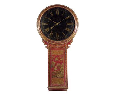 A very rare red Japanned striking tavern clock with signed and dated movement, the black painted circular dial with gilt Roma