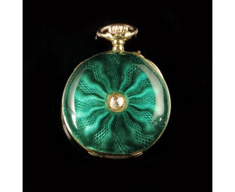 A Swiss 18k gold, enamel and diamond set lady's watch, keyless cylinder movement with wolves tooth winding, the cuvette inscr