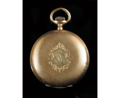 A 14k gold hunting cased keyless lever watch, white enamel dial and case signed Mermod Freres, the cuvette and case also numb