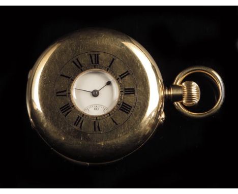 A Swiss 18ct gold quarter repeating half hunting cased keyless lever watch, white enamel dial, unsigned gilt bar movement, in
