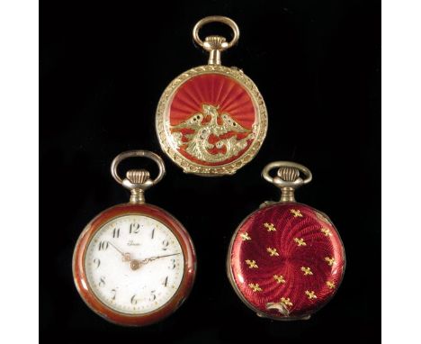 A Swiss 14k gold and enamel keyless cylinder lady's watch, and two Swiss silver gilt lady's cylinder watches, all decorated w