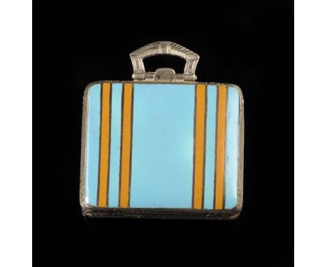 A silver and enamel bag watch, Swiss lever movement with rectangular silvered dial, in a light blue enamelled case with yello