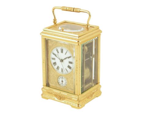 An engraved centre seconds alarum carriage clock, circular cream enamel dial with subsidiary alarm dial against a florally en