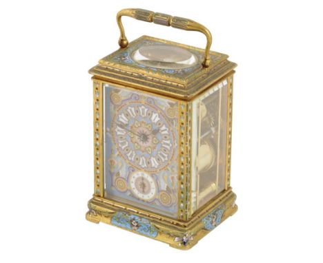 An enamel carriage clock with alarm, striking movement numbered 2544, replaced lever platform, the porcelain dial with white 
