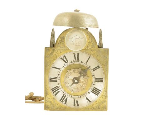 A miniature lantern timepiece with alarm, the 5 inch brass dial with silvered chapter ring and alarm setting disc, scroll eng