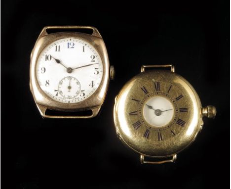 A Swiss 18k gold half hunting cased wristwatch, three-quarter plate nickel lever movement, white enamel dial, in a plain case
