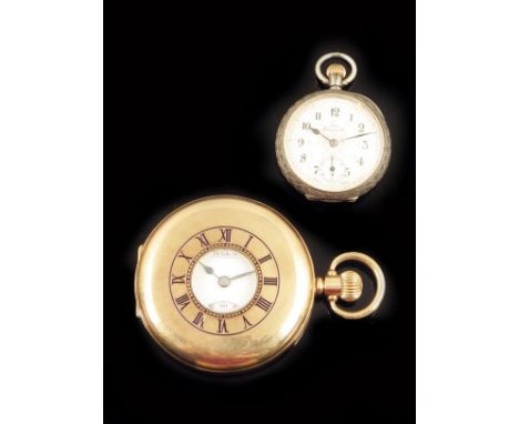 A 9ct gold half hunting cased keyless lever watch, damascened nickel movement jewelled to the centre, signed Roidor, signed w