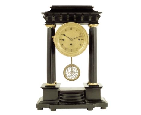An ebonised Viennese Grande Sonnerie Portico clock, machine turned gilt dial, the three train movement quarter striking on tw