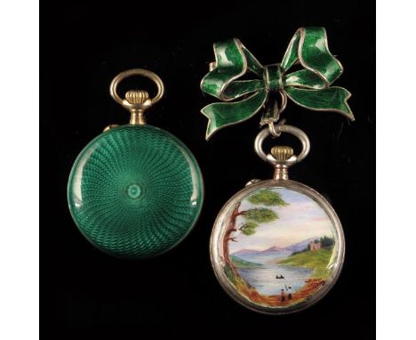A Swiss silver and enamel keyless cylinder lady's watch, the back decorated with lakeside scene, 29mm diameter, with green en