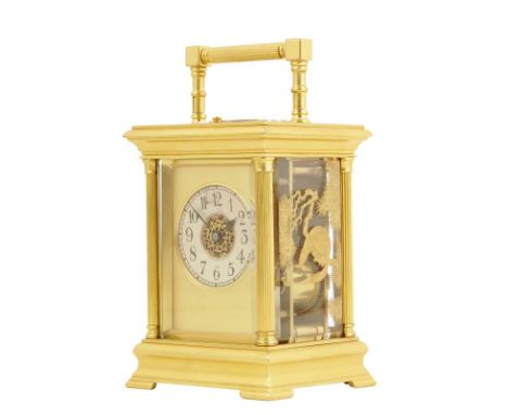 A striking carriage clock with rare gilt lacquer on glass sides, repeating movement signed Alfred Fuller, 9 Old Bond St, no. 