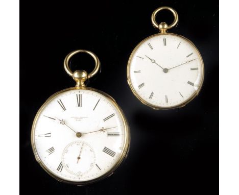 A Swiss gold lever watch, white enamel dial signed Robert Roskell, London, 4201, bar movement in a guilloche case, 49mm diame