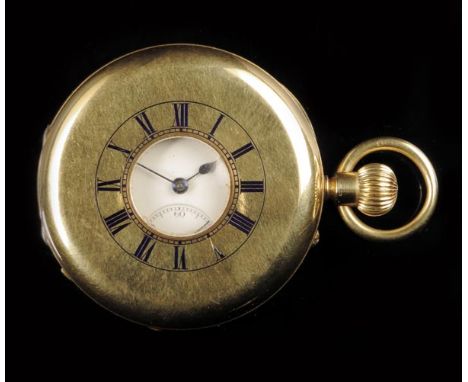 A heavy 18ct gold half hunting cased keyless lever watch, white enamel dial, three-quarter plate movement numbered 272039, bl