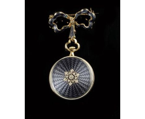 A French gold, enamel and diamond set lady's watch and ribbon fob, champagne dial signed Le Roy, keyless lever movement jewel