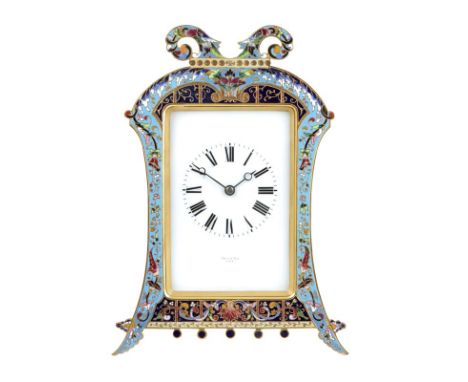 A champleve enamel mantel clock, white enamel dial signed West & Son, Paris, French drum movement with lever escapement numbe
