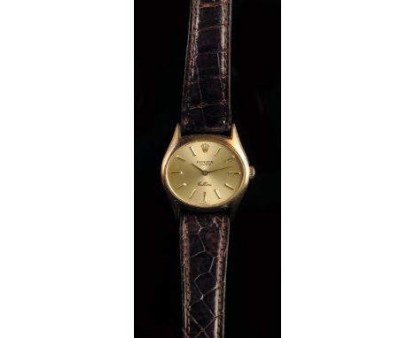 Rolex. An 18ct gold lady's Cellini wristwatch, Ref 3802, Serial no. 3907581, oval gilt dial signed Rolex, Geneve, Cellini wit