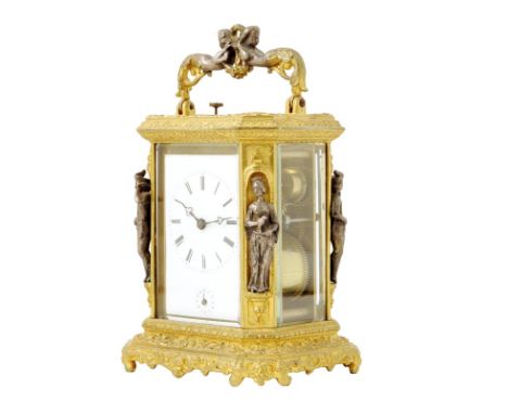 An early striking carriage clock with alarm attributed to Jules, white enamel dial with subsidiary alarm, trefoil hands, the 