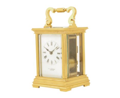 A repeating carriage clock, white enamel dial signed F.T. Depree, Exeter, movement numbered 4238 with lever platform, in an a
