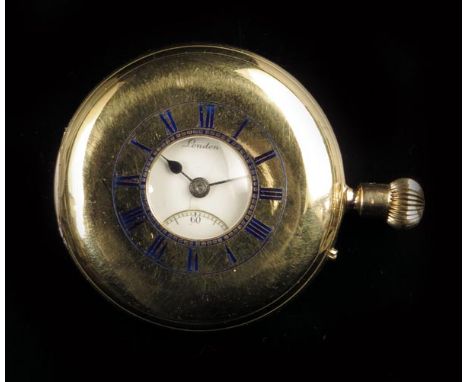 J.W. Benson. An 18ct gold half hunting cased keyless lever watch, signed white enamel dial, three-quarter plate movement sign