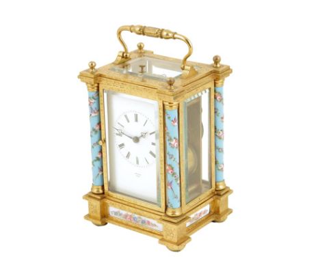 An early porcelain mounted carriage clock, white enamel dial signed Bright, Paris, the repeating movement with Jules type pla