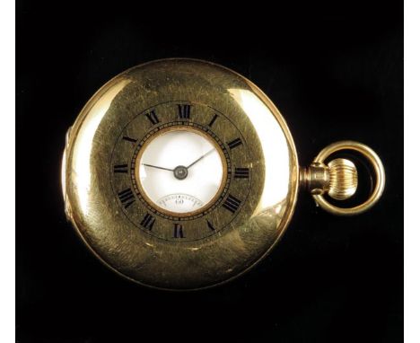 An 18ct gold half hunting cased lever watch, Swiss gilt movement, white enamel dial, in a monogrammed case with inscribed cuv