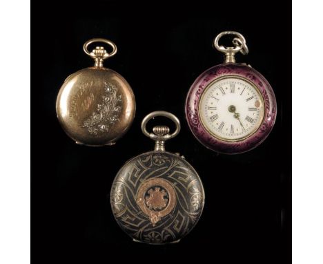 A Swiss 14k gold hunting cased keyless cylinder lady's watch, the front with rose diamond set form, 23mm diameter; a silver n