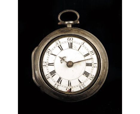 A silver pair cased verge watch, signed Jas. Blake, London, no. 4917, square baluster pillars, white enamel dial with Roman h