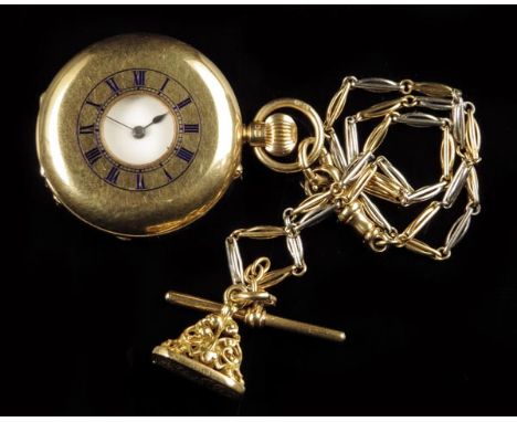 An 18ct gold half hunting cased watch, keyless lever movement signed Douglas & Son, Greenock, no. 43483, white enamel dial, B