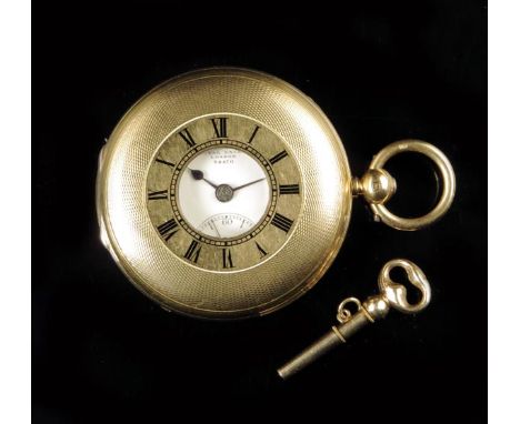 Dent. An 18ct gold half hunting cased lever watch, the white enamel dial signed Dent, 61 Strand & 34 Royal Exchange, London, 