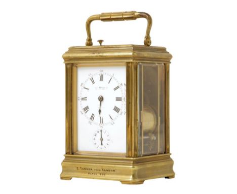 A Grande Sonnerie carriage clock with alarum, white enamel dial with faded signature of J.W. Benson, Old Bond St, London, sub