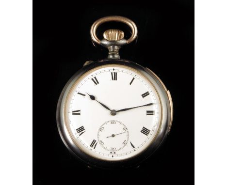 A blued steel minute repeating keyless lever watch, white enamel dial, unsigned gilt movement, in a plain case with gilt beze