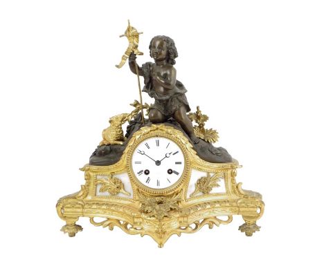 A French bronze and ormolu mantel clock, the striking movement with white enamel dial signed F.L. Hausburg, Paris, signed mov