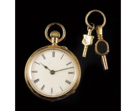An 18ct gold keyless lever watch, signed Campbell & Company, Belfast, 88917, white enamel dial in a florally engraved case, L