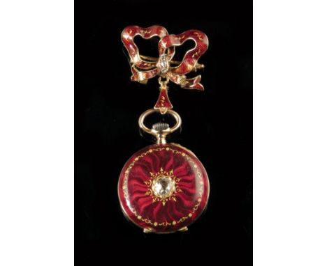 A Swiss gold, enamel and diamond set lady's watch and ribbon fob, unsigned keyless lever movement, cream enamel dial, the cas